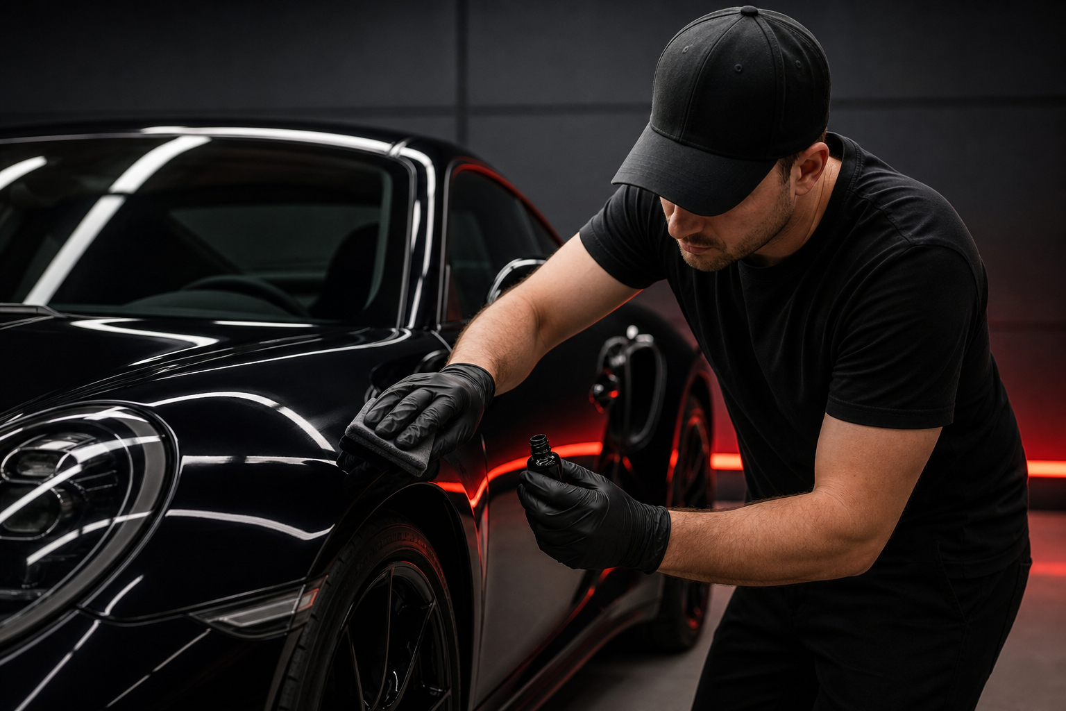 Nitro Shine detailer applying ceramic coating to a sports car